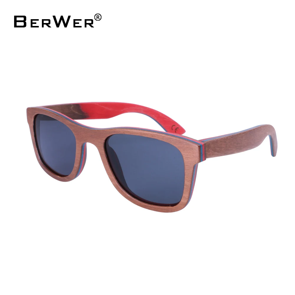 

BerWer Skateboard Wooden Sunglasses brown Frame With Coating Mirror Bamboo Sunglasses UV 400 Protection Lenses