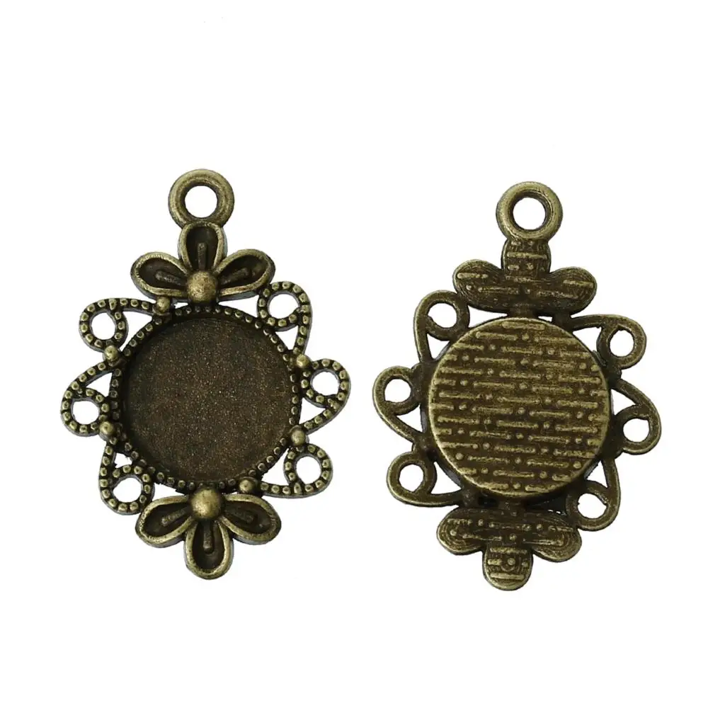 

Zinc metal alloy Charm Pendants Round Antique Bronze Cabochon Settings(Fits 12mm)30mm(1 1/8")x 21mm(7/8"),4 PCs new