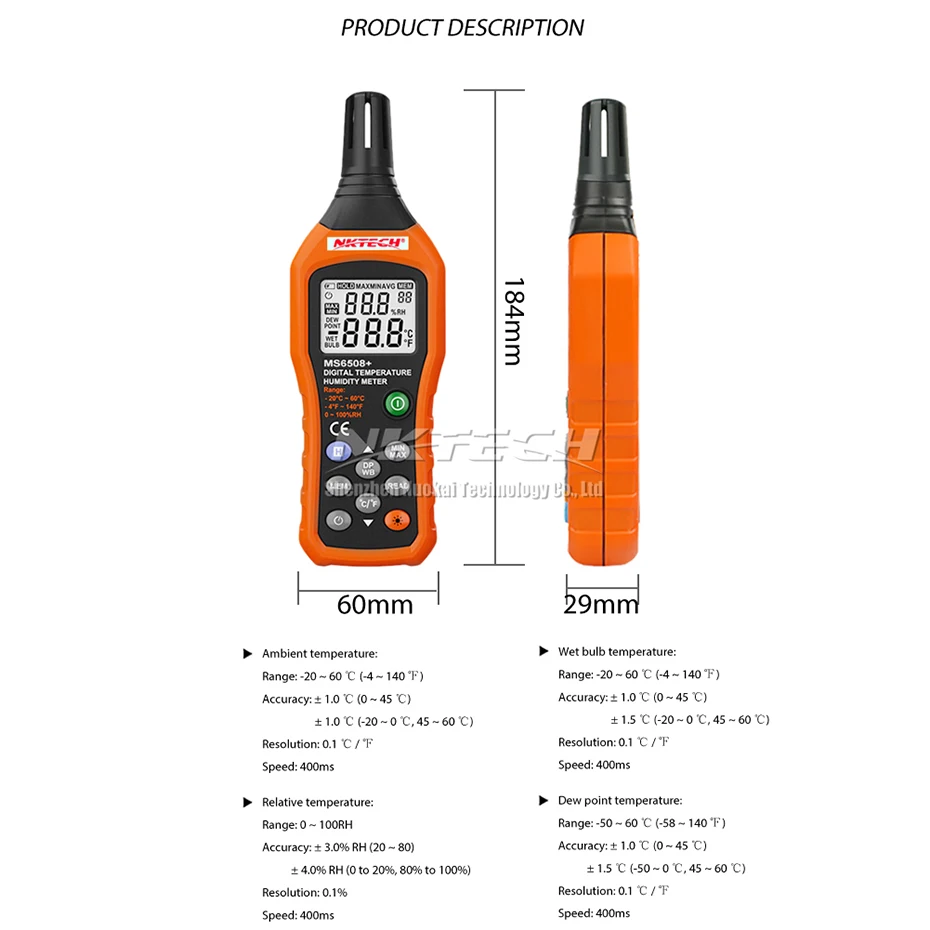 NKTECH MS6508+ цифровой измеритель температуры и влажности, термометр, гигрометр, метеостанция, барометр, точка росы, влажная лампа окружающей среды