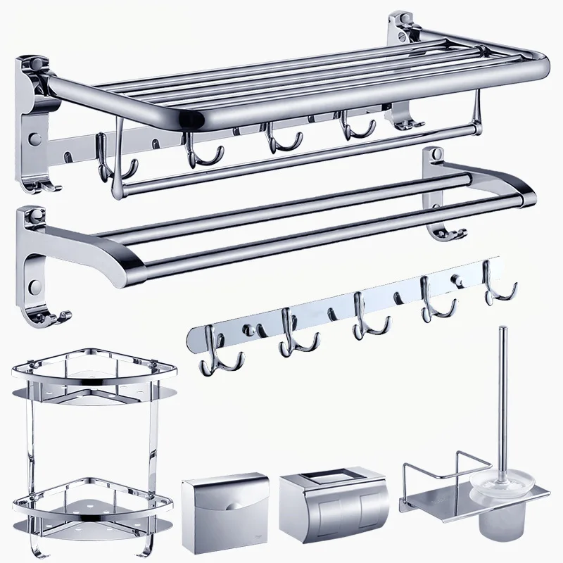Sus304 المقاوم للصدأ الفضة مرآة السلس منشفة الرف مع السنانير الفضة الأجهزة الزاوية الجرف الحمام مرحاض فرشاة حامل مجموعة