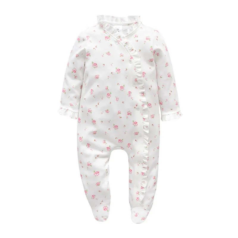 Цельнокроеная Пижама с лапками и цветочным рисунком для маленьких девочек, одежда для сна из хлопка для детей от 0 до 12 месяцев