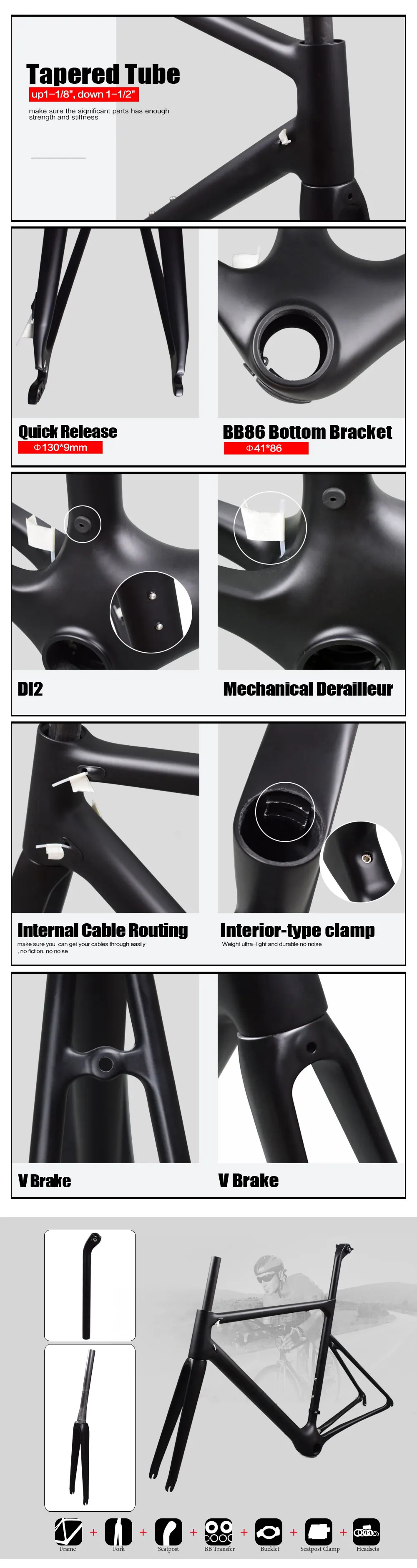 Top 2018 carbon bike frame only 766g frame road carbon china toray T1100 carbon bike frame UD black monocoque carbon road frame 6