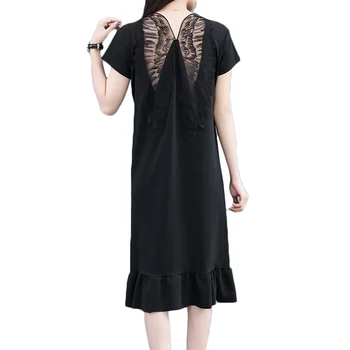 

Dress Summer Korean Women Loose midi Embroidered open back slit Dresses Women's Loose waist Short sleeve Pullover Vestidos F163