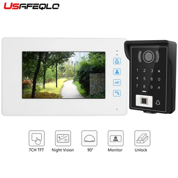 

USAFEQLO 7" Video Door Phone DoorBell Intercom System Button Door Lock RFID Keyfobs Fingerprint unlock