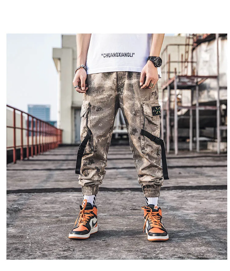 Осенние Хип-хоп Джоггеры мужские шаровары пустынные камуфляжные брюки многокарманные ленты мужские спортивные штаны уличная карго Брюки Мужские штаны