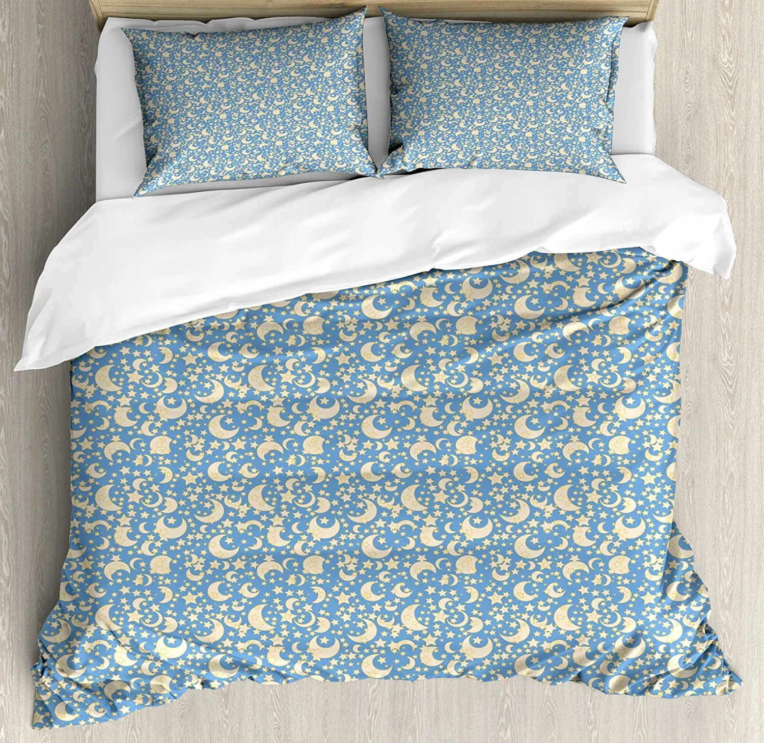 

Moon Duvet Cover Set Retro Stars and Moons in Different Phases Scattered on Pale Blue Backdrop 4 Piece Bedding Set