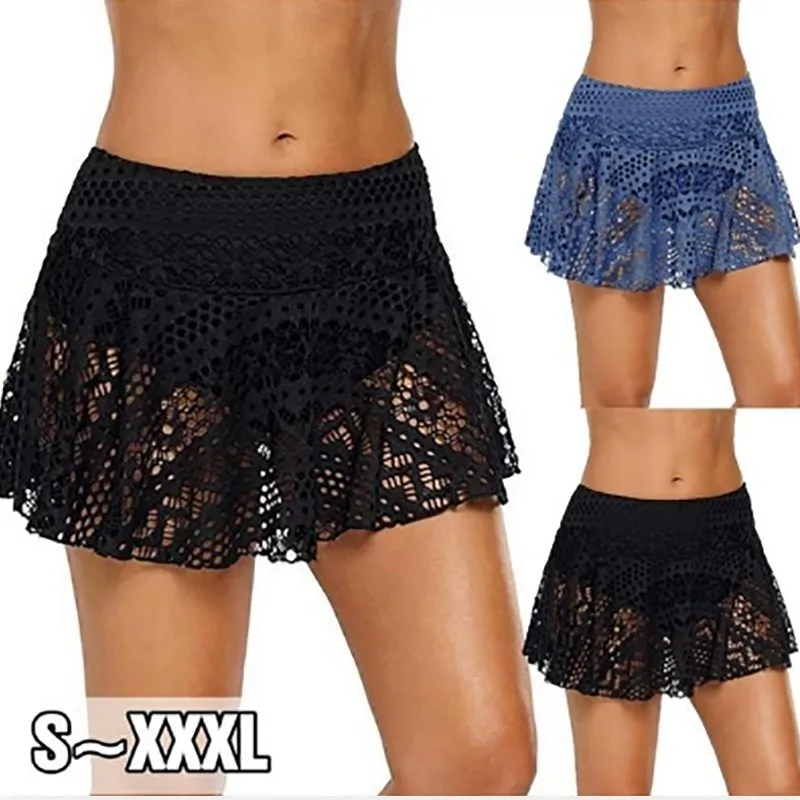 

JRNNORV High Waist Shorts Beach Cover Up Skirt Women Black Crochet Lace Bikini Bottoms 2019 Summer Beachwear Bathing Suit 3XL