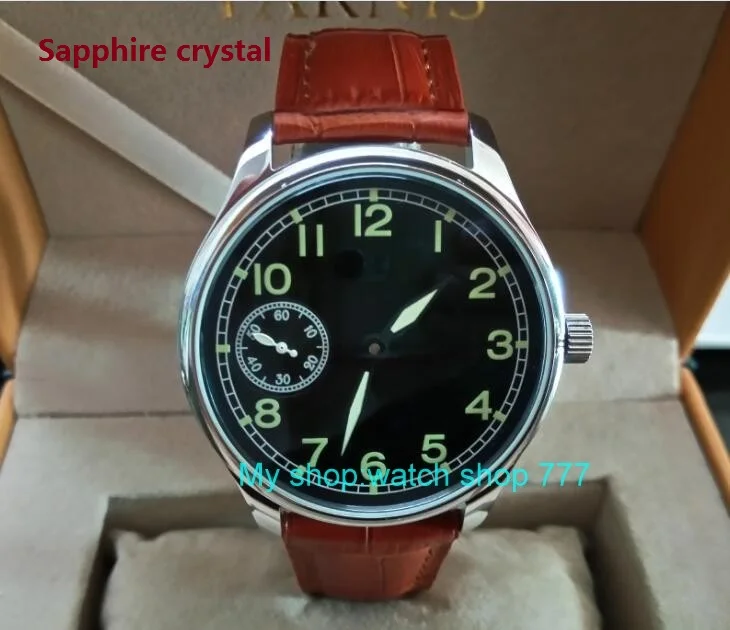 

Sapphire crystal 44mm PARNIS black dial Asian 6497 17 jewels Mechanical Hand Wind movement men's watch green luminous zdgd304A