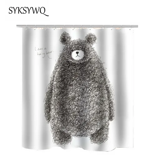 Bear Shower Curtain Grey Curtain Bathroom Waterproof 3D Drawn Art Bear