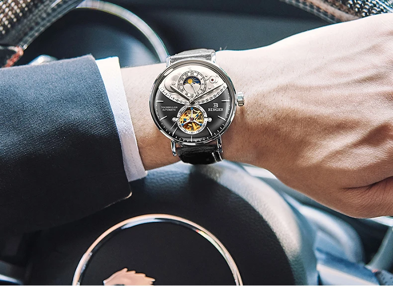 Швейцарские автоматические часы для мужчин Бингер Скелет Механические Мужские часы полная сталь сапфир Relogio Masculino водонепроницаемый reloj