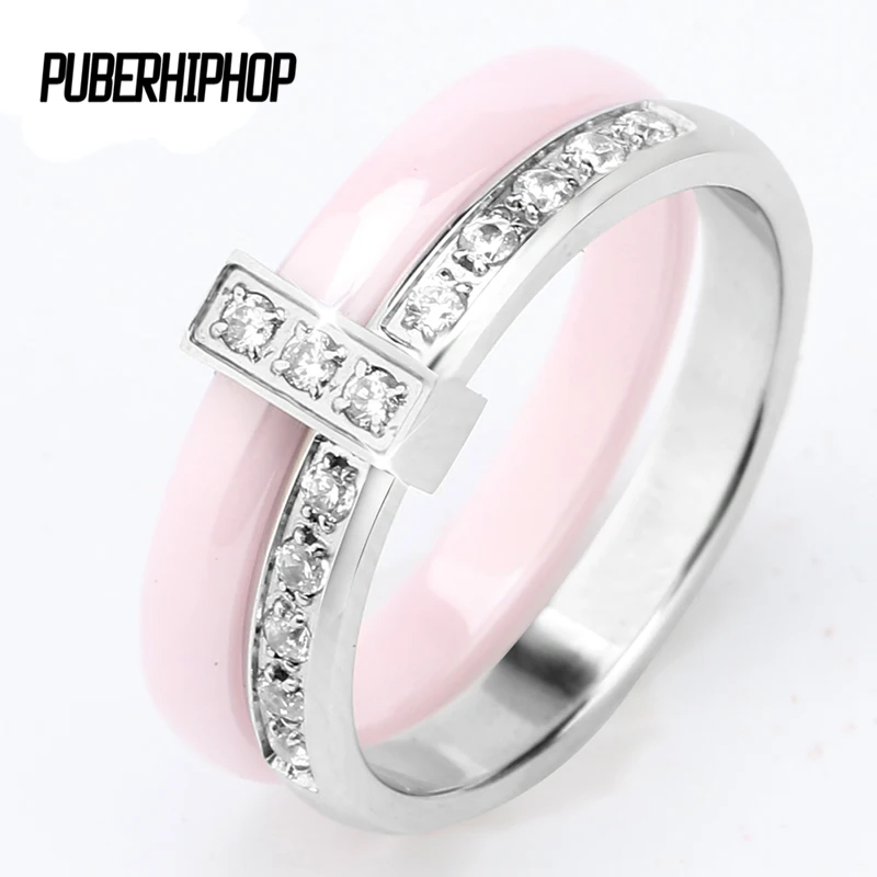 Women Rings 6mm Pink Ceramic Rings CZ Wedding Brand Garden Ring For Women Beautiful Jewelry ague acier inoxydable pour femme