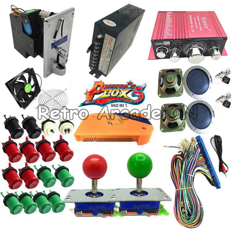 Pandora Box 5 PCB Jamma 960 in 1 Zippy Joystick American Push Button Coin acceptor Amplifier Arcade game Bundles kit for DIY