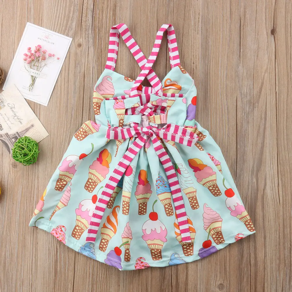 Toddler Kids Baby Girls Summer Sleeveless Ice Cream Print Strap Tutu Dress Sundress Clothes Summer