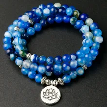 Ювелирные изделия ручной работы синяя линия оникс 108 Мала ожерелье и браслет медитация драгоценный камень лотос молитва бусины браслет для женщин и мужчин