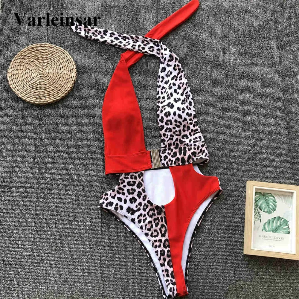 

New 2019 Women Swimwear Deep V Neck High Waist One Piece Swimsuit Female Splicing Bather Sexy Halter Bathing Suit Swim V1356