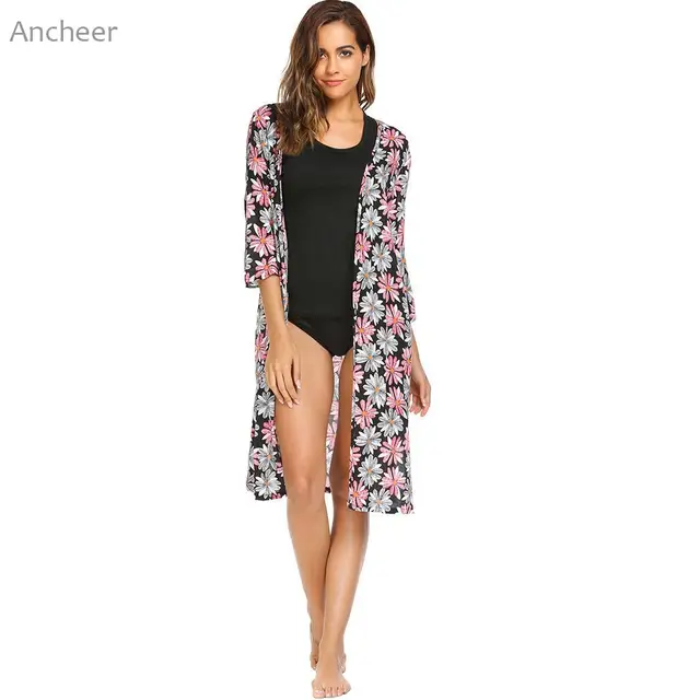 Women's Long Style Beach Cover Ups 3/4 Sleeve Floral Printed Open Women Split Cover Up Cardigan