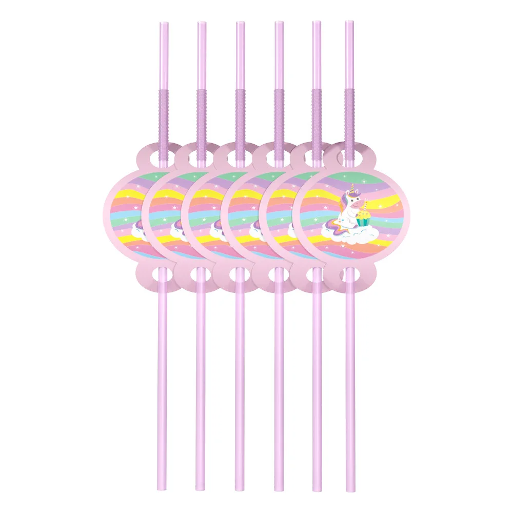 Облако Радуга Единорог детский день рождения праздник принадлежности для вечеринок бумажный лоток флаг чашки одноразовые посуда набор - Цвет: 6pcs straw