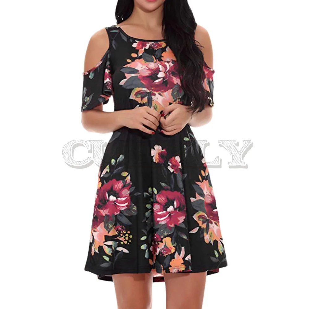 Image Sexy Dress Women Casual Off Shoulder short Sleeve Flower Print Beach Holiday Loose mini Dress 2019 new arrival dresses summer