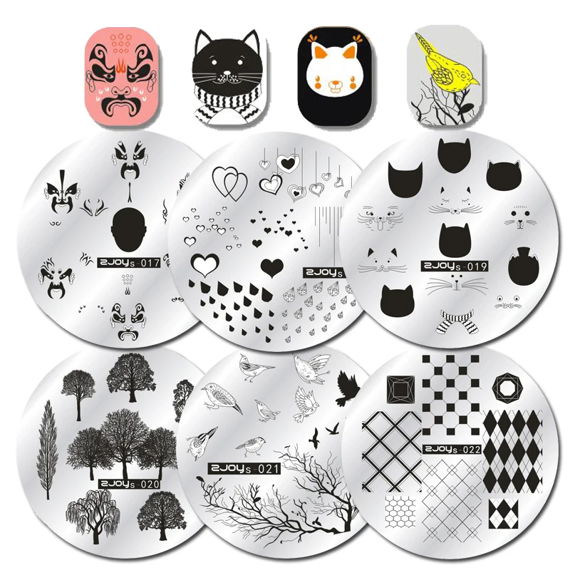 

WAKEFULNESS 1Pcs Round Nail Stamping Plates Mask Cat Birds Image Stencils for Nail Art Stamp Manicure Template Tools