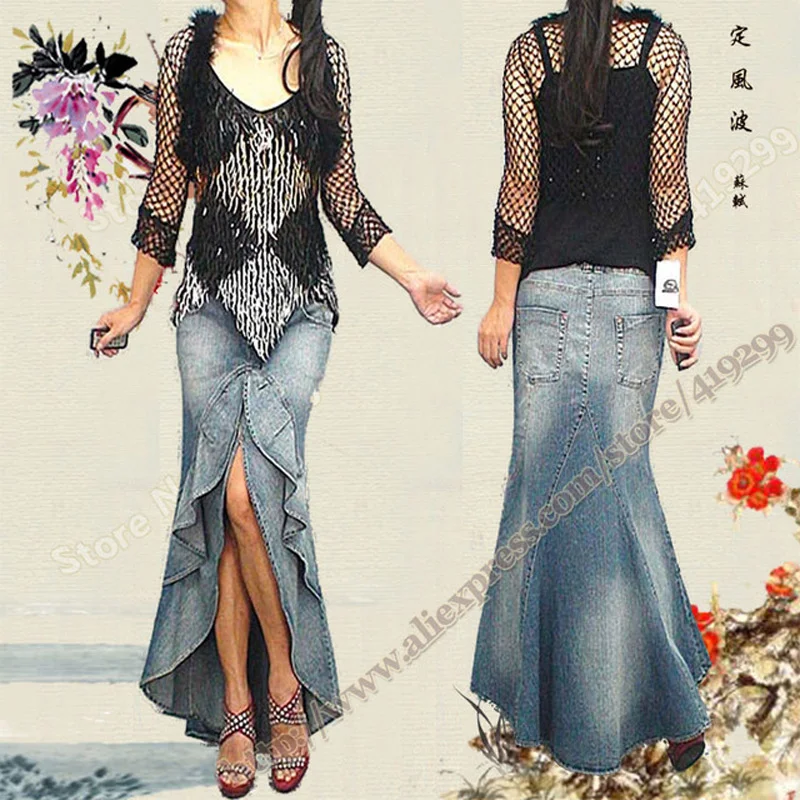 

Spring and Summer Vintage Retro Sexy Asymmetrical Ruffle Fishtail Mermaid Denim Female Long Maxi Skirts Womens / jeans woman