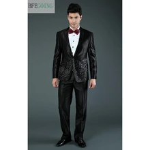 Черный бисер обычный Жених атласные смокинги однобортный костюм жениха+ жилет+ брюки+ галстук для свадьбы/Вечеринки