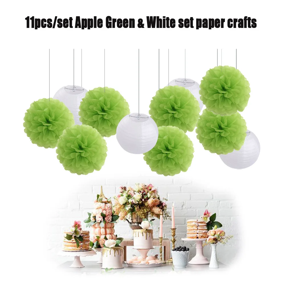 

11pcs/set 25cm Red/Pink/Blue/Green Hanging Tissue Paper Pom Pom 8" White Round Paper Ball Lantern Halloween Party Decoration