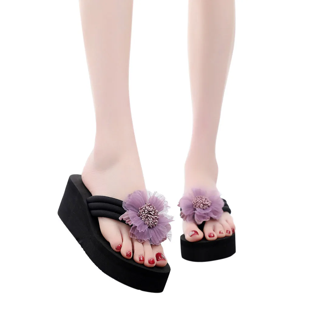 Новинка года; женская обувь; женские шлепанцы; женская летняя домашняя пляжная обувь на танкетке с цветочным рисунком; сандалии; Вьетнамки; шлепанцы; Zapatos De Mujer - Цвет: Purple