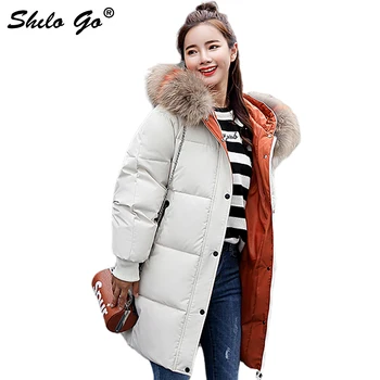 

Casual Fur collar Hooded women parkas coat Winter streetwear boyfriend cotton warm long coat streetwear thicken outwear female