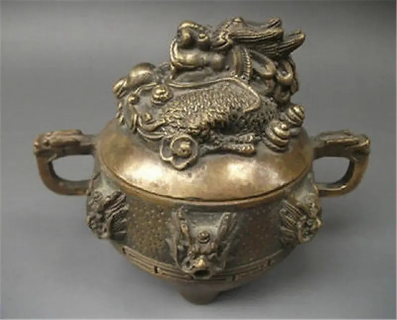 Collectible Chinese Old copper Incense Burner&Lid w Dragon NR5512 in