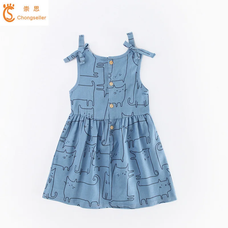 

Denim Floral Dresses With Button Summer Baby Girl Dress Sleeveless Kids Princess Robe Dress For Girls Costumes 3-10Y