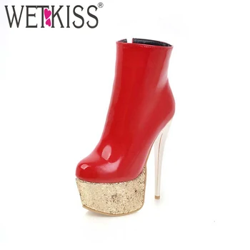 

WETKISS 2018 Platform Shoes Brand Designer Bling Bar Ankle Boots New Side Zip Winter Boots Sexy Super High Heel Women Shoes