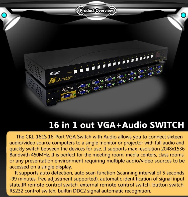 Ckl-161s 16 Порты и разъёмы Авто VGA аудио коммутатор 16 в 1 из PC Мониторы Switcher стойки с ИК-пульт RS232 Управление 2048*1536 @ 450 mhzmetal