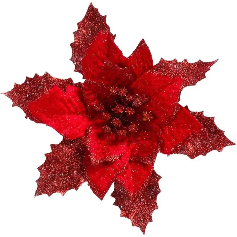 12Pieces Glitter Poinsettia Flowers Christmas Tree Poinsettia Ornaments for Christmas Valentine's Day Floral Decorations