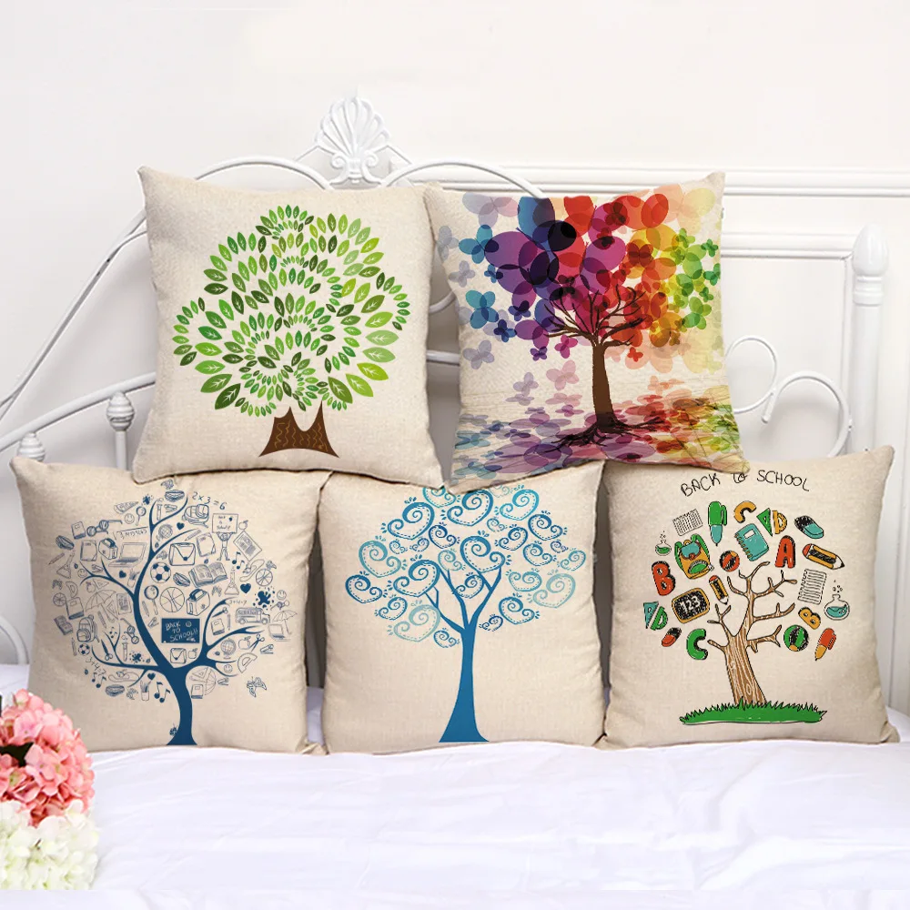 Ogiselestyle Tree of Life Cotton Linen Colorful Cushion Covers Modern Warmth Home Decorative Art