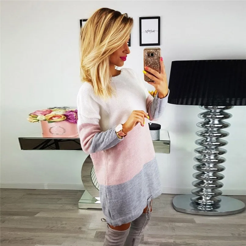 Womens Sweater Dress Ladies O Collar Knitted Casual Striped Loose Dress Long Sleeve Party Dress Vestidos Feminin #F#40SP27 1