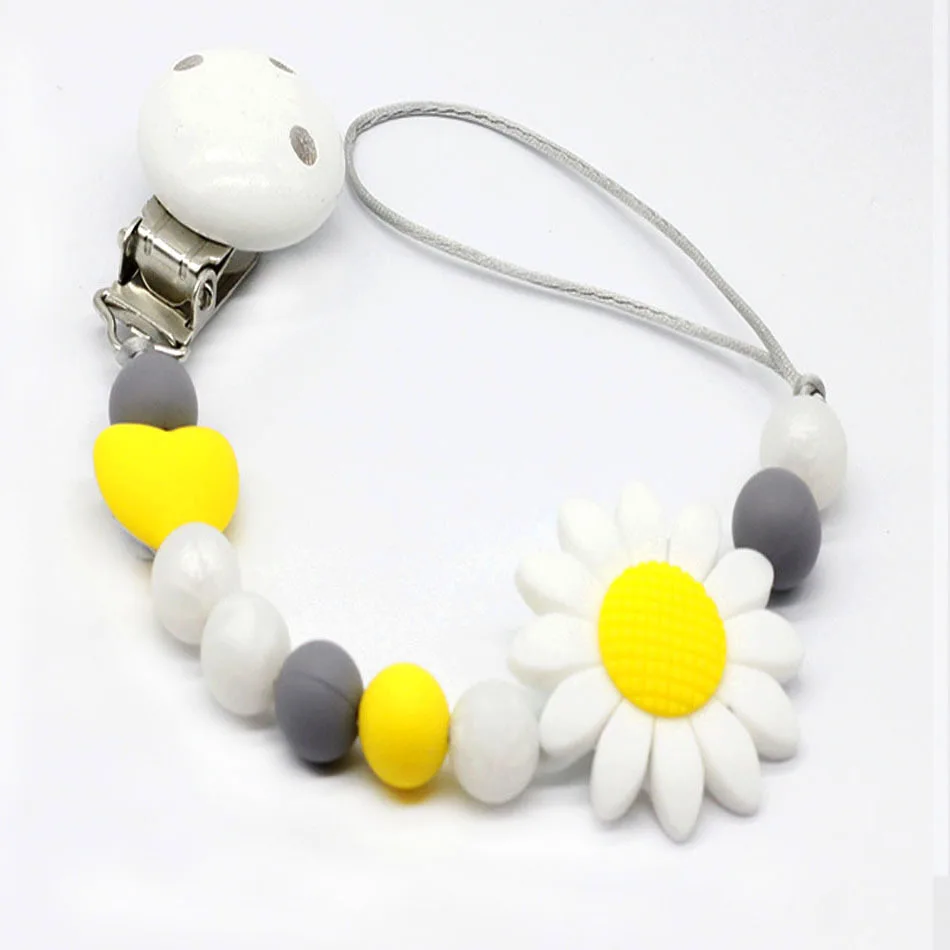 Silicone And Wood Pacifier Clip Wooden Bead Dummy Clip Holder Cute