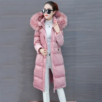 

High Quality Women Cotton Coat Gold velvet Jacket Knee Length Woman Parka with a Real Fur Collar Thicken Plus Size Winter Coats