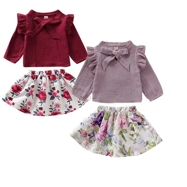 

Toddler Baby Girl Clothes 2019 Autumn Cotton&linen Solid Tops T-shirt +Flower Skirts 2pcs Outfits Clothes
