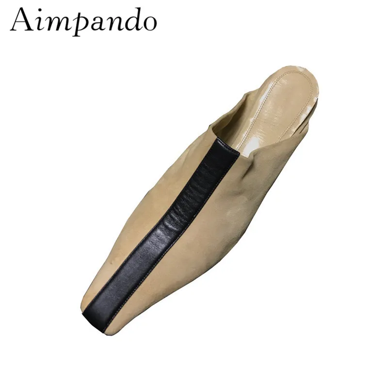 

Fashion Wild Autumn Mules Square Toe Apricot Suede Striped Black Shallow Strange Crystal Heel Slippers Women