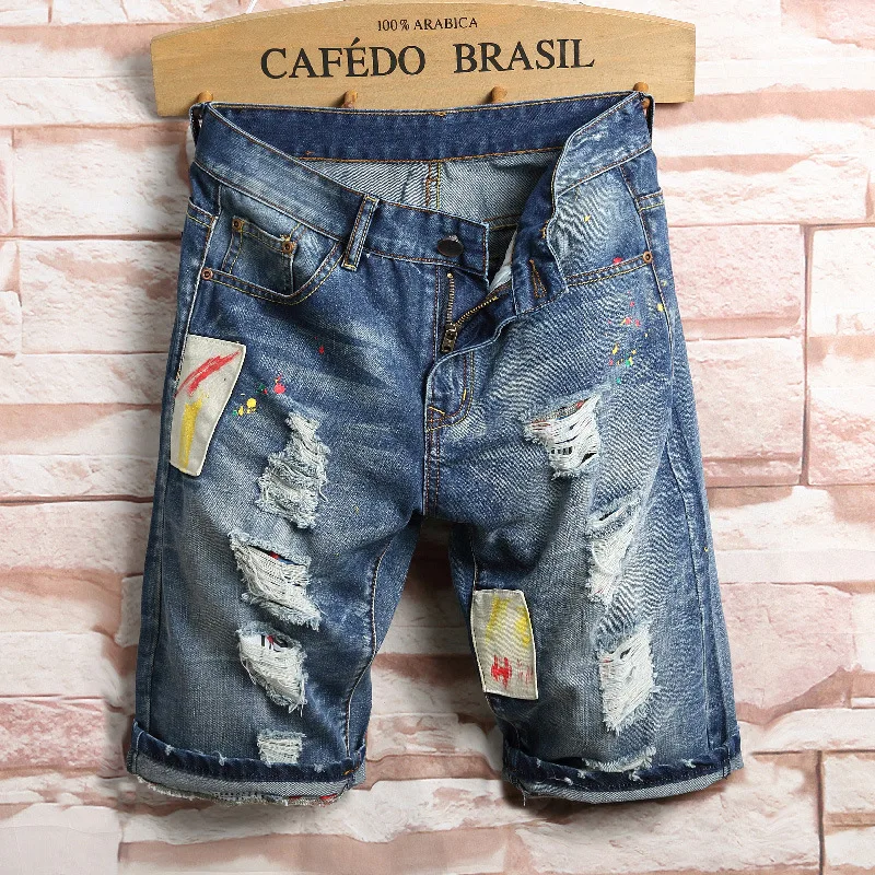 Для Мужчин's Джинсовые шорты мужской тонкий прямой лоскутное отверстие прямые граффити Повседневное свободные джинсы шорты хип-хоп