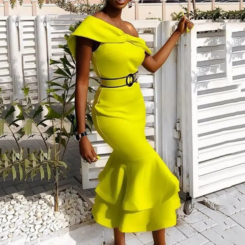

Yellow Women Mermaid Sexy 2019 African Off Shoulder Plain Falbala Trumpet Robe Prom Female Party Club Dinner Dresses Vestiods