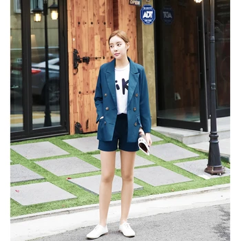 

2017 Women 2 Piece Full Sleeve Blazer + High Quality Short Twinset Two Piece Summer Short Suits XS~L
