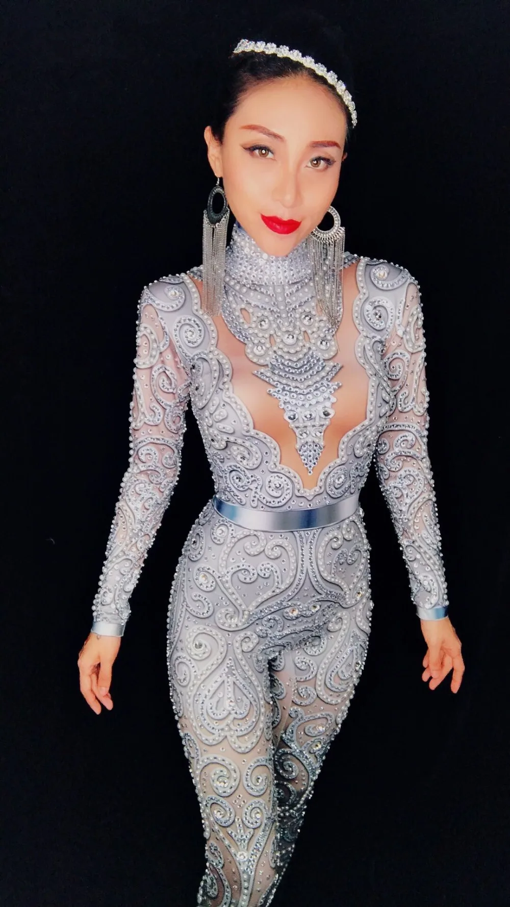 High-end Female Silvery Gray Crystals Jumpsuit Sexy Stretch Skinny Pearl Bodysuit Singer Bar Party Stage Performance DS Costume