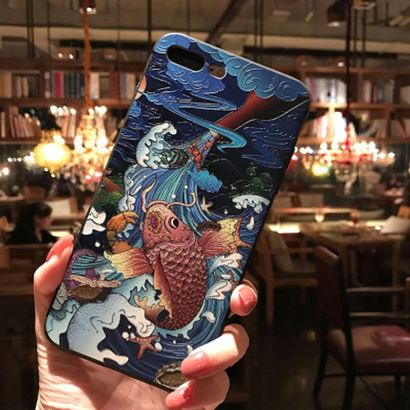 HTMOTXY 3D рельефный чехол Koi Fish Anime Dragon для iPhone 7 8 Plus чехлы телефонов мягкий из ТПУ Iphone 6