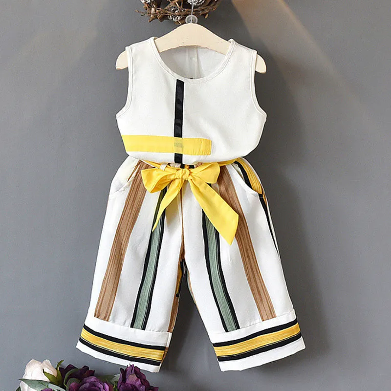 

2019 Summer Girls Clothes Set Casual Sleeveless Splicing Design Top+Pants 2Pcs for Girl Kids 2-7T Children Clothing