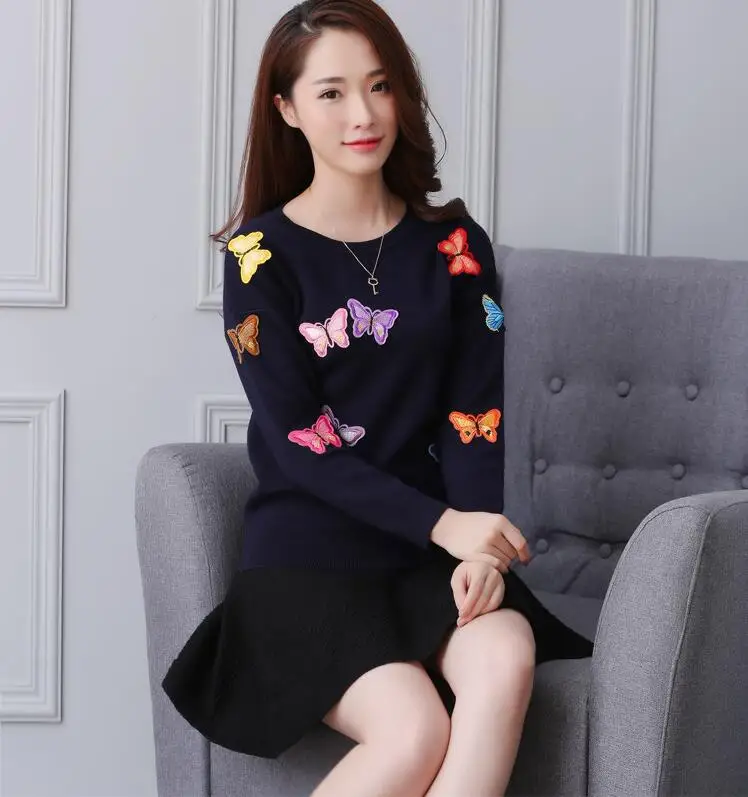 Iceinside, корейский женский вязаный пуловер с вышивкой, свитер, женский свитер с бабочками и цветами, Женский трикотажный джемпер, топы - Цвет: 8106 sapphire