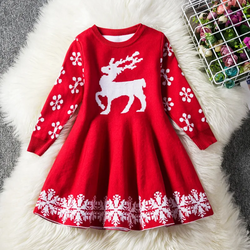 

christmas Kids Dresses For Girls New Year Baby Girl Long Sleeve Cartoon Snowflake Print Dress Kids Christmas Clothes