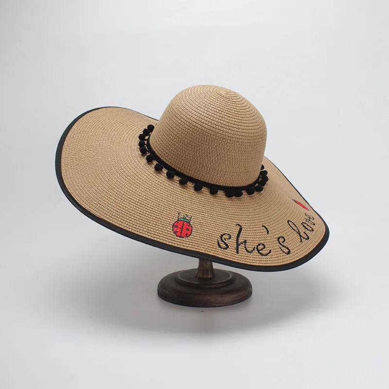 Для женщин летние однотонные Цвет Большие широкие поля, из соломы шляпа фетровых женский Повседневное с вышивкой с надписями полые Beach Sun Hat Мягкие Шапки - Цвет: color 01