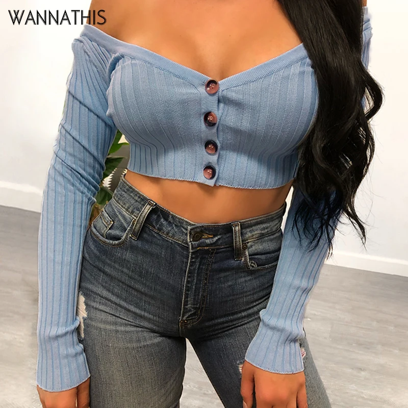 

WannaThis Casual Lady Button Front Ribbed Knit Deep V Neck Pullovers Tee Autumn Modern Lady Crop Top Women Cotton Tshirt Top