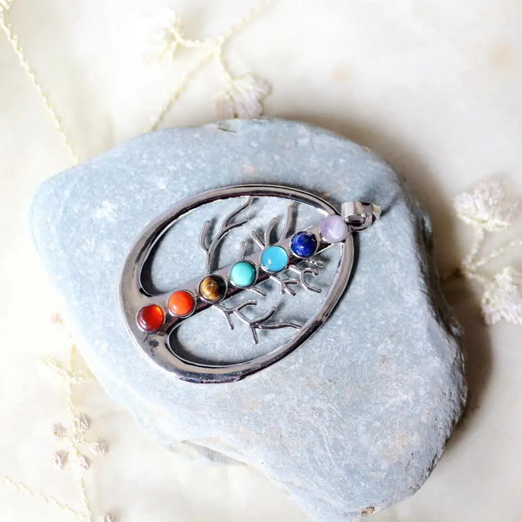 Phenovo Fashion 7 Chakra Colorful Crystal Energy Pendant for lapis lazuli Redstone Pendants Necklace Fashion Jewelry